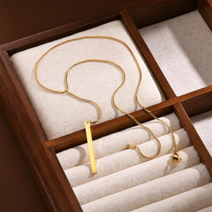 Stainless Steel Box Chain Y-Necklace, Long Rectangular Tassel Pendant, Gold Minimalist Choker 40cm for Women