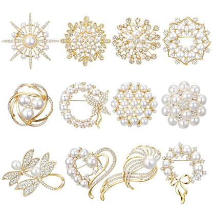 12 Pcs Women Brooches Bulk Vintage Rhinestone Pin Set - style: Pearl