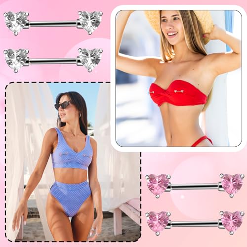 2 Pairs 14G Heart Nipple Rings, Stainless Steel Love Heart Barbell Tongue Rings Set, Nipple Piercing Barbell Ring Jewelry for Women Men(16mm)