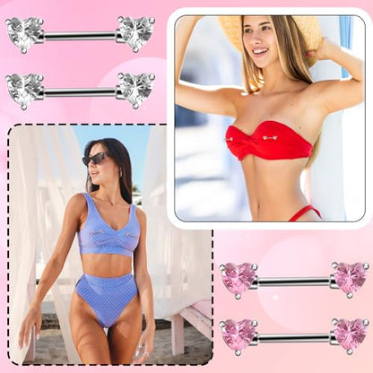 2 Pairs 14G Heart Nipple Rings, Stainless Steel Love Heart Barbell Tongue Rings Set, Nipple Piercing Barbell Ring Jewelry for Women Men(16mm)