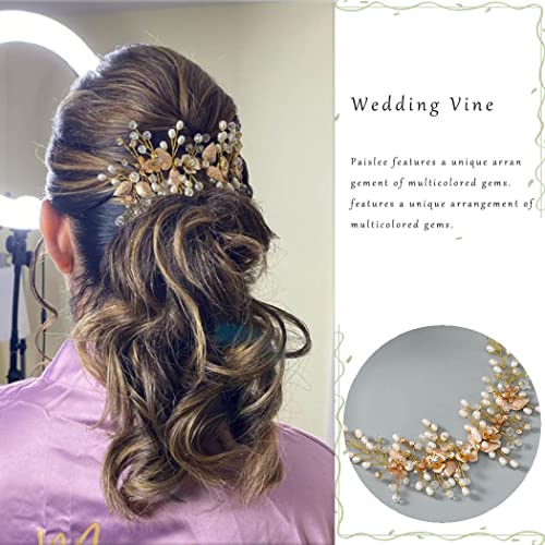Flower Bride Wedding Hair Accessory Crystal Headpiece Hair Vine | Silver Leaf Bridal Hair Accessories Pearl Headpieces for Women - color: Gold