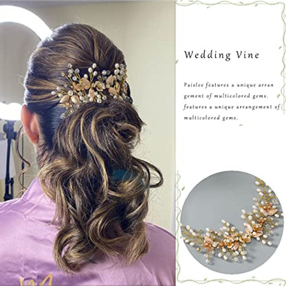 Flower Bride Wedding Hair Accessory Crystal Headpiece Hair Vine | Silver Leaf Bridal Hair Accessories Pearl Headpieces for Women - color: Gold