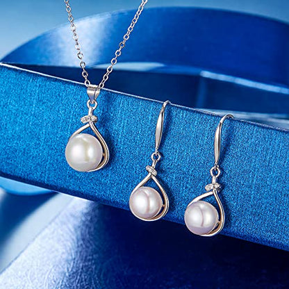EleQueen 925 Sterling Silver CZ Freshwater Cultured Pearls Bridal Pendant Necklace Earrings Wedding Jewelry Sets, Valentine's Day/Mother's Day/Christmas Gift - style: Pearl Necklace Earrings Set