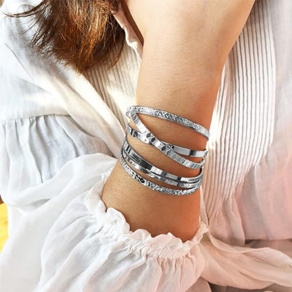 IFKM Gold Bangle Bracelets For Women, 14k Gold Plated Multi Layer Stackable Cuff Bracelet Set, Trendy Elegance Charms Non Tarnish Minimalist Textured Boho Jewelry Gift for Women - style: 6pcs Love silver