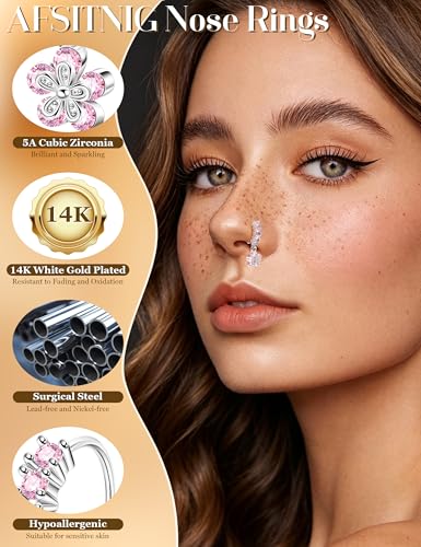 20Pcs 20G Dangle Nose Rings for Women Surgical Steel L Shaped Dangling Nose Studs Dainty Nose Ring Hoop Set CZ Heart Flower Butterfly Moon Nose Piercing Jewelry - color: Silver Pink Nose Rings