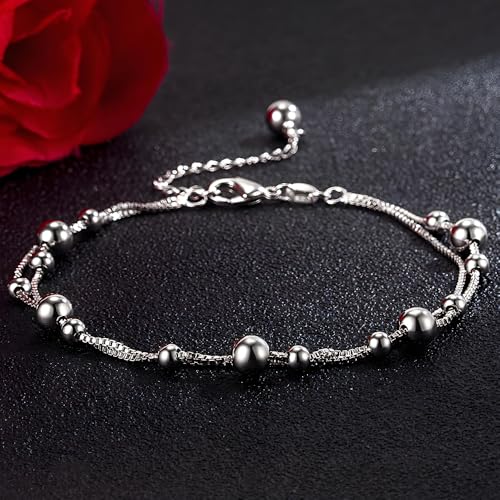 925 Sterling Silver Double Layer Box Chain Beaded Anklet | Italian Style Chain, Dual-purpose Anklet/Bracelet with Lobster Clasp, Adjustable Up to 11 Inches for Women