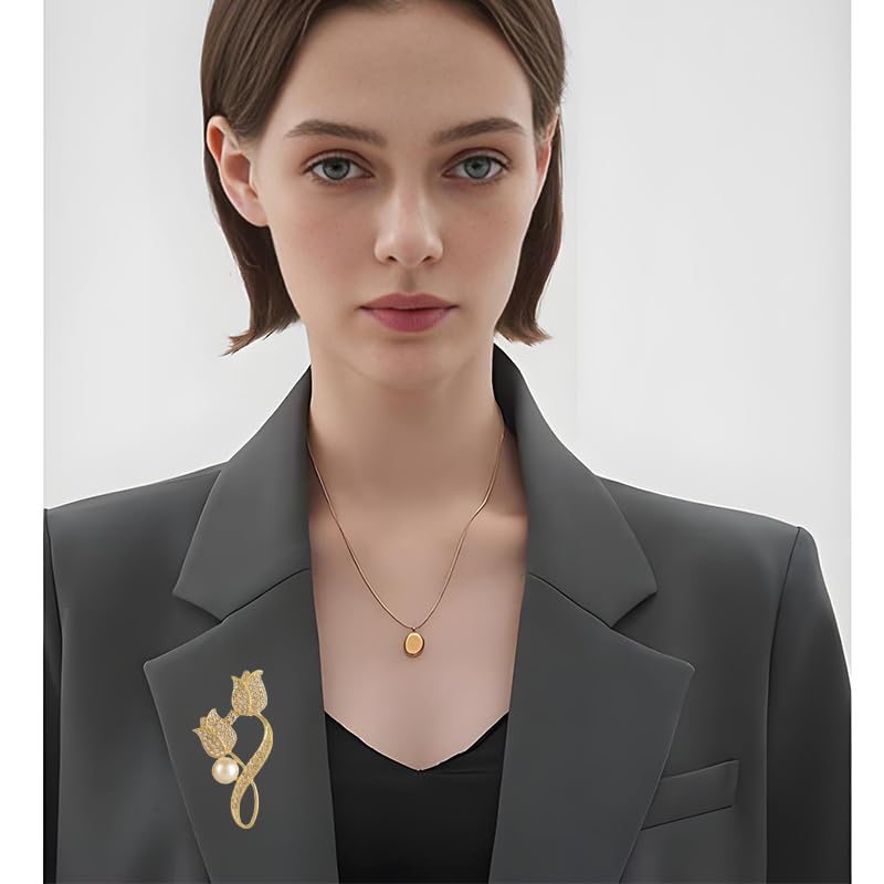 coadipress Tulip Floral Brooch Pin for Women Dainty Gold Plated Rhinestone Pearl Tulip Flower Green Leaf Broochs Pins Trendy Wedding Party Jewelry Accessories - style: Gold