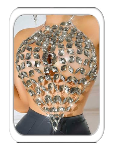 Aukmla Crystal Bra Body Chain Top Silver Rhinestones Halter Crop Tops Beach Bikini Chest Chains Body Jewelry for Women - style: Grey