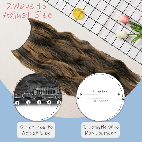 Balayage Dark Brown Halo Hair Extensions with Chestnut Highlights | 20 Inch Wavy Synthetic Fiber with Invisible Wire and 4 Secure Clips for Easy Daily Styling and Party Wear - color: Brown Highlight