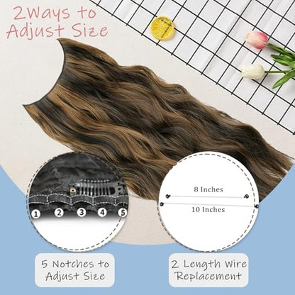 Balayage Dark Brown Halo Hair Extensions with Chestnut Highlights | 20 Inch Wavy Synthetic Fiber with Invisible Wire and 4 Secure Clips for Easy Daily Styling and Party Wear - color: Brown Highlight