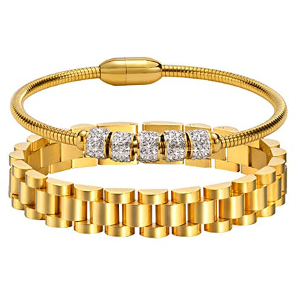 MPRAINBOW 2pcs 18K Gold Plated Chain Link Bracelet, Stainless Steel Crystal Friendship Bracelets Bangle,Watch Band Chains Wristband Jewelry with Adjust Tool - color: Gold-set D