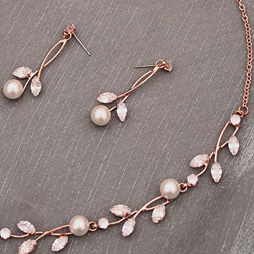 Luxury Cubic Zirconia Aurtrian Crystal Pearl Floral Necklace Dangle Earrings Wedding Bridal Jewelry Set Birthday Gifts for Her - color: Style1-Clear-Rose Gold Plated