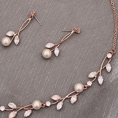 Luxury Cubic Zirconia Aurtrian Crystal Pearl Floral Necklace Dangle Earrings Wedding Bridal Jewelry Set Birthday Gifts for Her - color: Style1-Clear-Rose Gold Plated