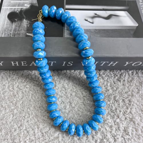 Colorful Chunky Acrylic Beaded Choker Necklaces for Women | Multicolor Faceted Beads, Sturdy Metal Chain, Adjustable Detachable, Lightweight, Summer Boho, Sparkly Statement Jewelry Gift - color: Lake Blue