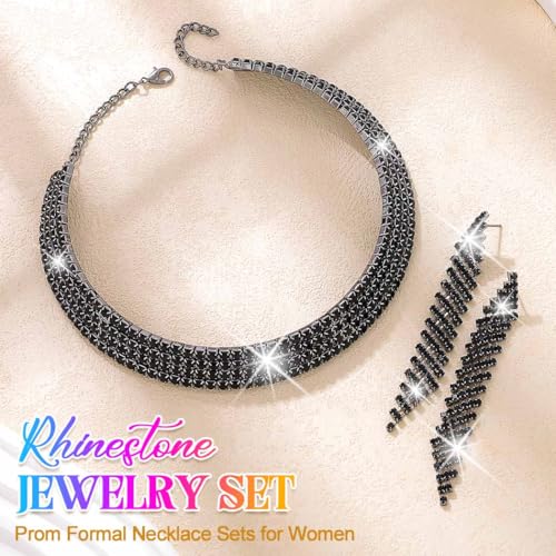 Rhinestone Bridal Wedding Jewelry Sets Silver Choker Necklace Earrings Set Prom Formal Costume Jewelry Set for Women and Brides - color: Black