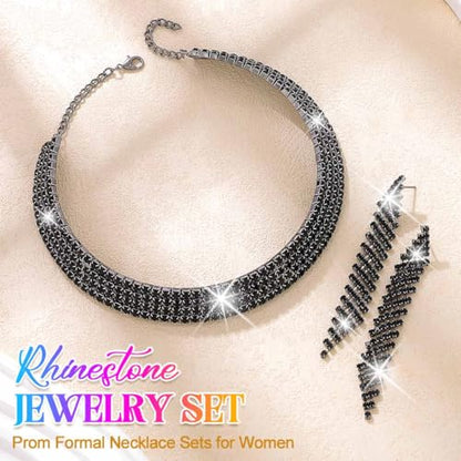 Rhinestone Bridal Wedding Jewelry Sets Silver Choker Necklace Earrings Set Prom Formal Costume Jewelry Set for Women and Brides - color: Black