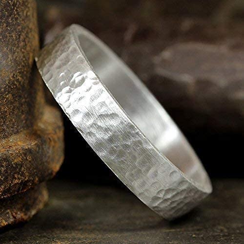 925 Sterling Silver Wedding Ring Hammered Flat Pipe Cut Textured Thick & Durable Handmade Unisex Mens & Women Rustic Engagement Promise Band - US Size 4-13 - Custom Engraving - color: 01 - 5mm Silver