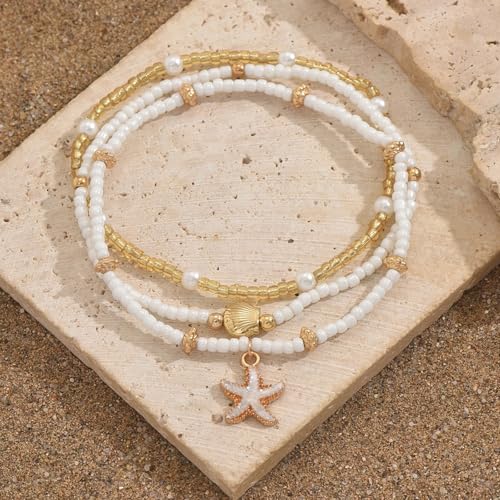 Ankle Bracelets for Women Gold Anklet Set Boho Vacation Gift | Gold anklet set for women 5 styles with matching gift pouch.Boho adjustable non-tarnish jewelry.Perfect present idea. - color: Starpearl