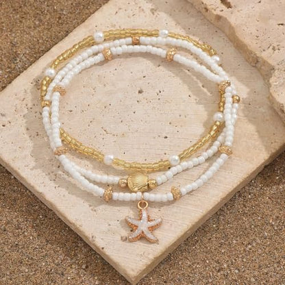 Ankle Bracelets for Women Gold Anklet Set Boho Vacation Gift | Gold anklet set for women 5 styles with matching gift pouch.Boho adjustable non-tarnish jewelry.Perfect present idea. - color: Starpearl