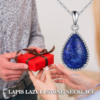 VONALA Sterling Silver Necklace Moss Agate/Turquoise/Larimar/Aquamarine/Opal/Black Onyx/Rose Quartz/Moonstone Pendant Teardrop Necklace Jewelry Gift for Women - style: Lapis lazuli