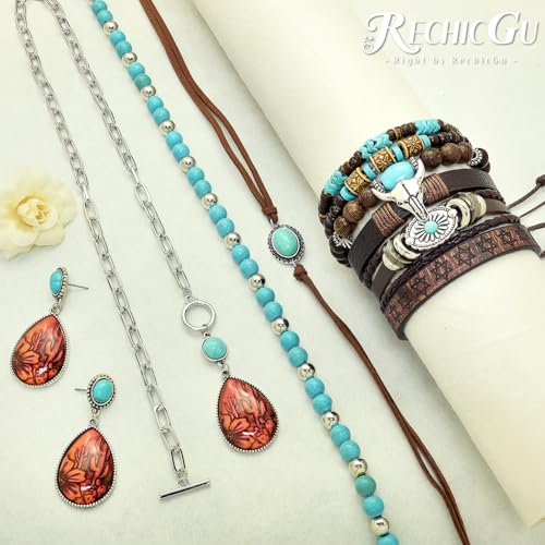 RechicGu Western Jewelry For Women Bohemian Turquoise Dangle Earrings Necklace Bracelet Set, Bullhead Pendant Layered Choker Boho Faux Leather Wristband Country Concert Cowgirl Accessories - color: Jewelry Set Cactus E