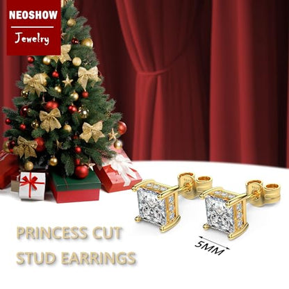 Princess Cut Cubic Zirconia Stud Earrings for Men Women | Square CZ Simulated Diamond Studs, 18K White Gold Plated Sterling Silver, Hypoallergenic - color: Gold, size: 5MM