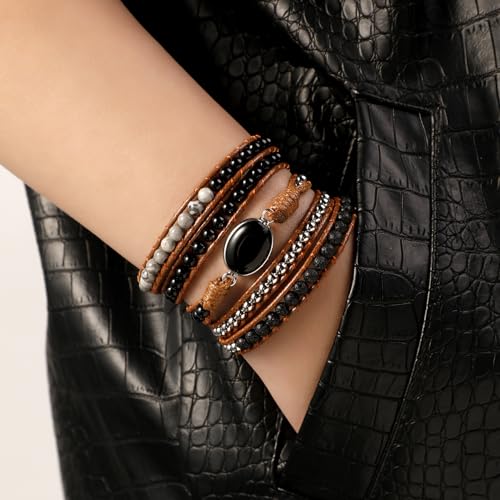 Artilady Leather Wrap Bracelet for Women, Pearl Beaded Bangle Stack Jewelry | Easy on-off, Elegant Handmade Multi-Layered, Daily Casual Date Beach Vacation, Gift for Ladies, Mother, Sister & Friend - style: Black stone