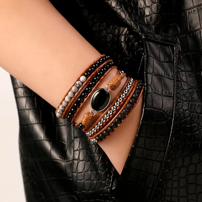 Artilady Leather Wrap Bracelet for Women, Pearl Beaded Bangle Stack Jewelry | Easy on-off, Elegant Handmade Multi-Layered, Daily Casual Date Beach Vacation, Gift for Ladies, Mother, Sister & Friend - style: Black stone