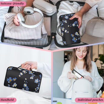 Blue Wildflowers Hanging Roll Up Cosmetic Bag with 4 Removable Storage Bags Waterproof Foldable Toiletry Kit for Women - color: Multicolor 9