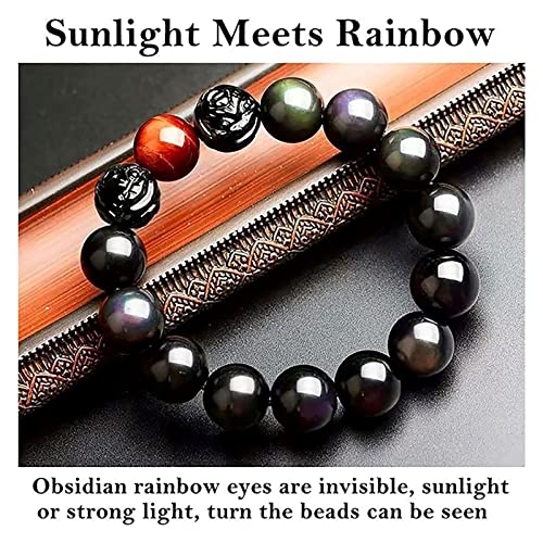Black Obsidian Bracelet,Feng Shui Black Obsidian Wealth Bracelet for Women Men Couples Handmade Stretch Obsidian Bracelet Bangle with Carved Pixiu Tiger Eye Stone Attract Wealth Money and Good Luck - color: B,12mm,Red Tiger Eye