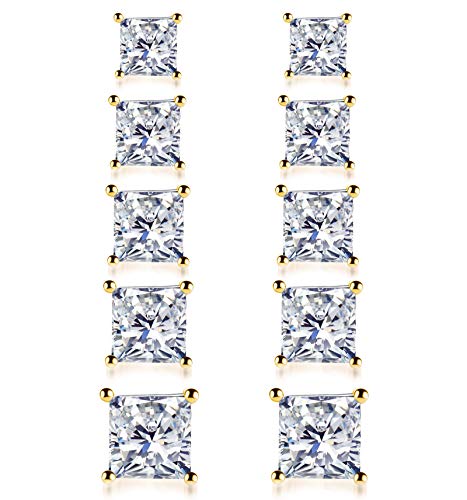 925 Sterling Silver Stud Earrings, 4 Pairs Square Cubic Zirconia Stud Earrings Set for Women Men 3 4 5 6mm - color: F-Gold 3/4/5/6/7mm