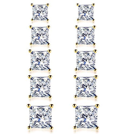 925 Sterling Silver Stud Earrings, 4 Pairs Square Cubic Zirconia Stud Earrings Set for Women Men 3 4 5 6mm - color: F-Gold 3/4/5/6/7mm