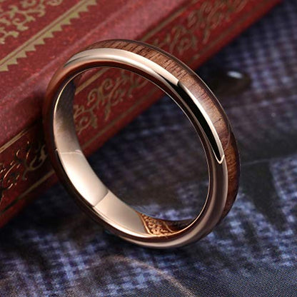 THREE KEYS JEWELRY Tungsten Wedding Band Koa wood Inlay Black Domed | 4mm, 6mm, 8mm, Everyday Wear, Black, Domed, Koa wood inlay - color: Rose Gold 4mm