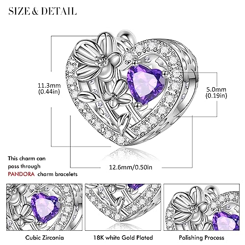Birth Flower Birthstone Charm for Pandora Charms Bracelets Necklace 925 Sterling Silver Heart Love Charm Birthday Mother's Day Christmas Jewelry Gifts - color: 02-February