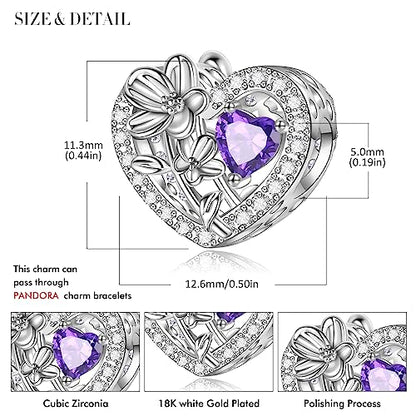 Birth Flower Birthstone Charm for Pandora Charms Bracelets Necklace 925 Sterling Silver Heart Love Charm Birthday Mother's Day Christmas Jewelry Gifts - color: 02-February