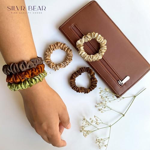 SILVR BEAR Luxury Satin Scrunchies, Soft Skinny Ponytail Holders for Thin Hair, Women, Girls and Men, Softer than Silk, 6 Pack (Earthy Skinny) - color: Earthy Skinny