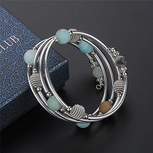 PEARL&CLUB Beaded Chakra Bangle Turquoise Bracelet - Fashion Jewelry Wrap Bracelet with Thick Silver Metal and Mala Beads, Birthday Gifts For Women - color: 63-Agate Green
