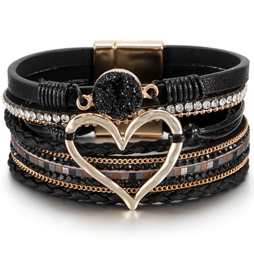 Leopard Bracelet for Women, Boho Leather Wrap Multi-Layer Pearl Crystal Bracelet Bangle Jewelry - color: Heart Leather(Pearl)