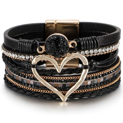Leopard Bracelet for Women, Boho Leather Wrap Multi-Layer Pearl Crystal Bracelet Bangle Jewelry - color: Heart Leather(Pearl)