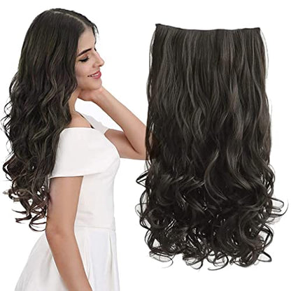 REECHO 24" 1-Pack 3/4 Full Head Curly Wave Clips in on Synthetic Hair Extensions HE008 Hairpieces for Women 5 Clips per Piece-Black Brown - color: Black Brown, size: 24 Inch (Pack of 1)