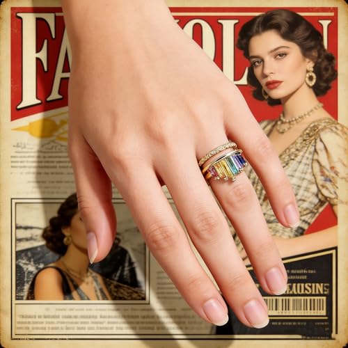 MALOYANVE Rhinestone Crown Open Ring for Women, Colorful Crystal Cubic Zirconia, Rainbow, Adjustable, Elegant Princess Queen Statement Promise Wedding Jewelry - color: Gold