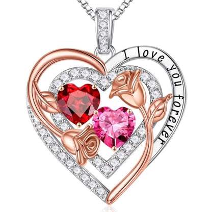 Iefil Heart Birthstone Necklace for Women - Double Birthstone Jewelry | 925 Sterling Silver, Gift Box Packaging, Anniversary Birthday Gifts for Women Wife Mom - color: 01-10-Jan-Oct Birthstone