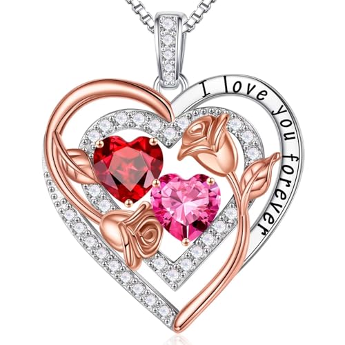 Iefil Heart Birthstone Necklace for Women - Double Birthstone Jewelry | 925 Sterling Silver, Gift Box Packaging, Anniversary Birthday Gifts for Women Wife Mom - color: 01-10-Jan-Oct Birthstone