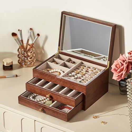 Black Walnut Wooden Jewelry Box Women with One-way Vision Mirror | Large Wood Jewelry Drawer Organizer, Glass Lid, With Mirror, For Necklaces Watch Ring Earring, Gift for Her, Velvet-Lined - style: 3 Layer A