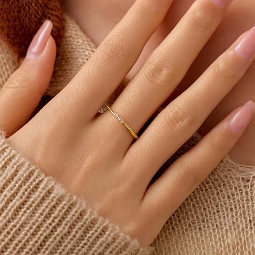 Dainty 14K Gold Plated Cubic Zirconia Rings Eternity Engagement Wedding Band Rings 925 Sterling Silver Stackable Rings for Women Aura Minimalist Knuckle Pinky Finger Ring Mothers Day Jewelry Gifts - color: Gold