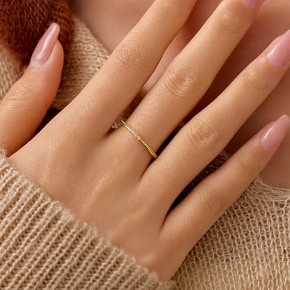 Dainty 14K Gold Plated Cubic Zirconia Rings Eternity Engagement Wedding Band Rings 925 Sterling Silver Stackable Rings for Women Aura Minimalist Knuckle Pinky Finger Ring Mothers Day Jewelry Gifts - color: Gold