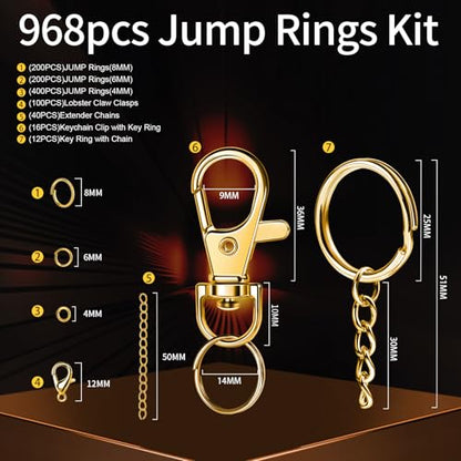 LEOBRO Jump Rings, 968pcs Keychain Making Kit, Keychain Clip and Key Ring, Key Chain Rings, Lobster Claw Clasps for Keychains, Charm Bracelet Jewelry, Gold - color: Gold