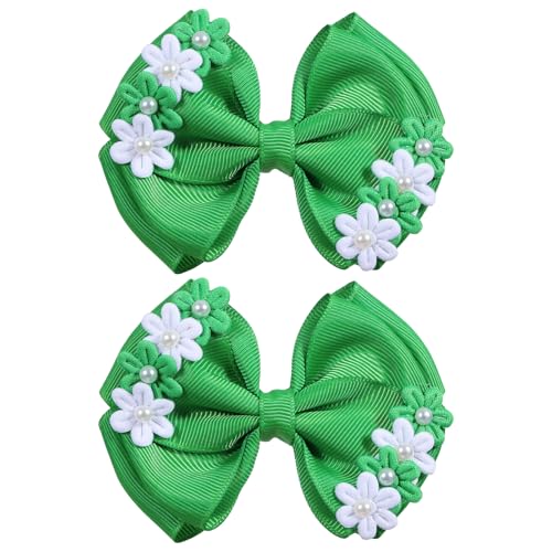 2Pcs St Patrick's Day Flower Hair Bow for Girls 4" Pearl Green White Grosgrain Ribbon Alligator Barrettes for Kids Toddler Teen Women St Patty Irish Party Dress Decor Accessory - color: Green/White