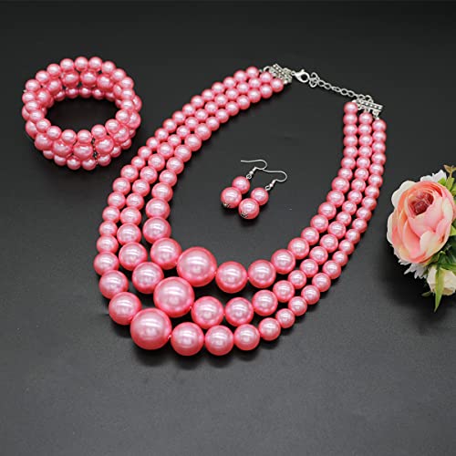 Big Chunky Pearl Necklace and Earrings Set Large Costume 1920s Faux Pearls Gatsby Accessories - color: A-Pink