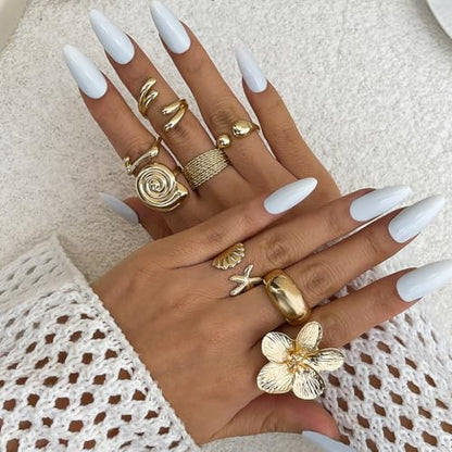 GIGB PBDK Chunky Gold Flower Open Knuckle Ring Set for Women,Dainty Seashell Starfish Statement Midi Finger Ring,Trendy Holiday Jewelry Accessories Gifts